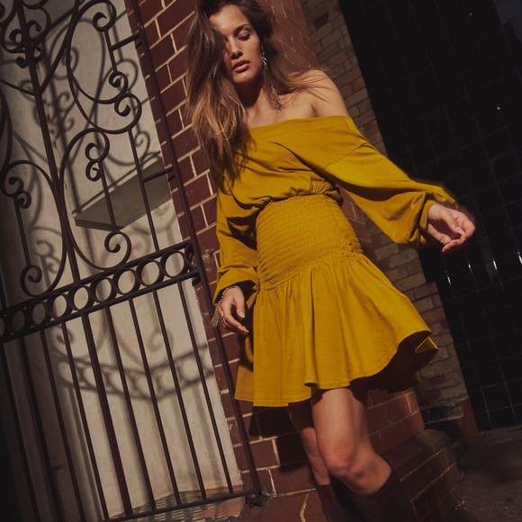 Free People Scorching Hot Long Sleeve Mini Dress, Golden Palm, NWT, size L - Picture 3 of 4